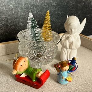 Vintage Christmas Vignette, Daisy & Button Kettle, Napcoware Angel, Brush Trees